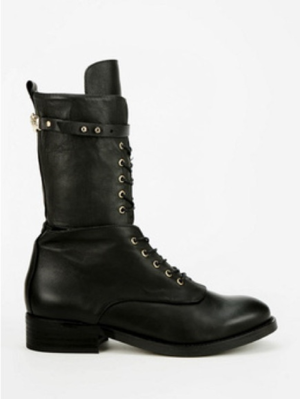 Miista - Angela Black Leather Lace Up Mid Calf Combat Boots Gold Panther